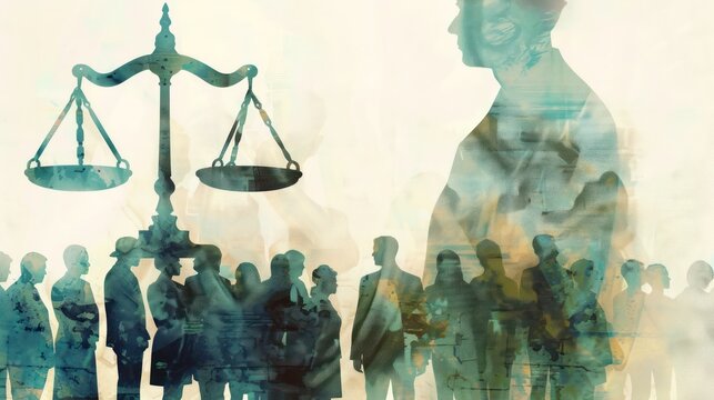 Lawyer and legal business office. Illustration of a double exposure background of people meeting in an office room with silhouette of court scales.