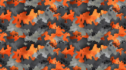 Modern Abstract Grey and Orange Camo Pattern with Grunge Style Aesthetic. Seamless Repeatable Background.