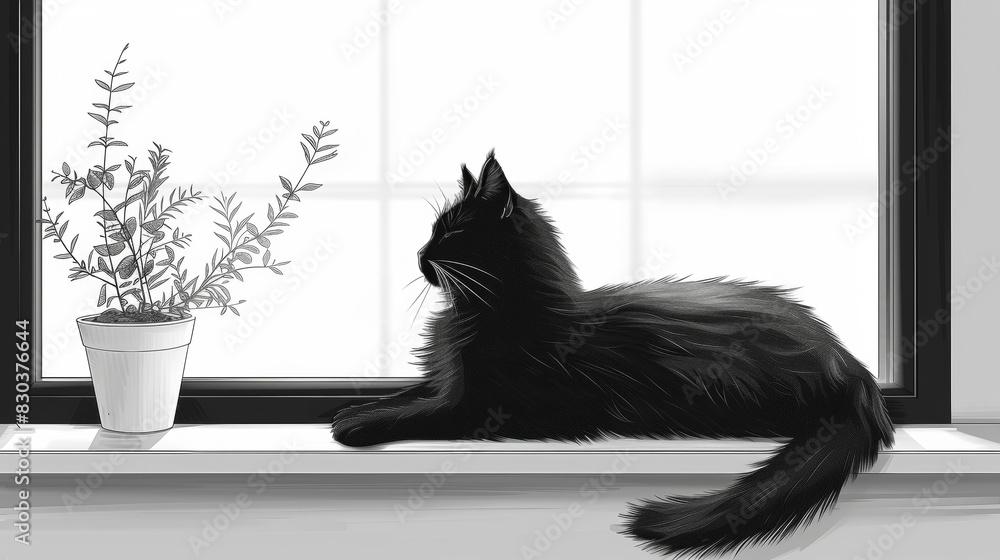 Poster minimalist cat illustration, simple and elegant line drawing of a cat lounging on a windowsill, perf