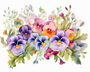 Beautiful watercolor painting of vibrant pansy flowers with green foliage, perfect for home decor and greeting cards.