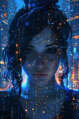 Portrait of a woman with digital holographic overlays, symbolizing the integration of technology and human identity, perfect for tech presentations, sci-fi themes, and digital innovation concepts.
