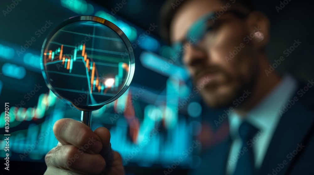 Poster a man is holding a magnifying glass over a computer screen with a graph on it, business concept