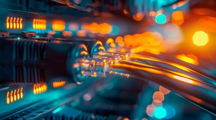 A close up of a network of cables with a bright orange hue, network Internet or Ethernet cable