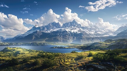 Fototapeta premium A stunning view of a mountain range with a serene lake in the foreground. Ideal for travel and nature concepts