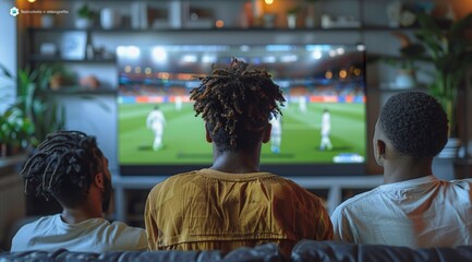 Obraz premium Three men are watching a soccer game on a television, football on TV