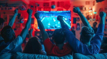 A group of people are watching a football game and cheering, football on TV