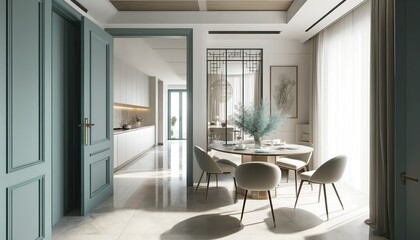 Fototapeta premium A modern dining room with minimalist design, neutral colors, and high-end Minotti furnishings