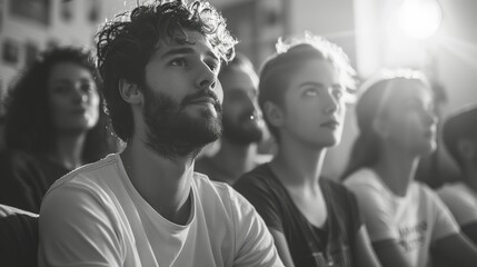 Obraz premium A group of people are sitting in a room, watching a movie, football on TV