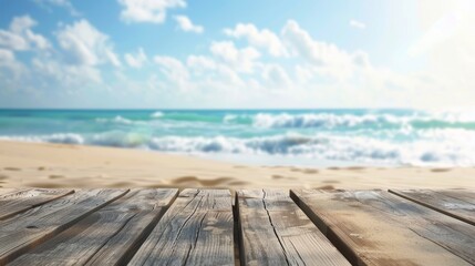 Fototapeta premium Blurred sand beach background with wooden floor