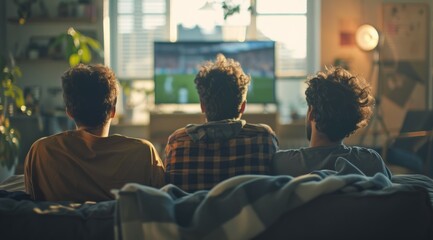 Three men are sitting on a couch watching a soccer game on a television, fans cheer for the football team on TV