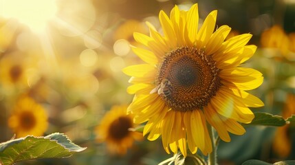 Obraz premium A yellow sunflower with a bee on it