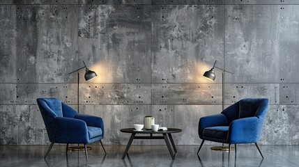 gray microcement background and rich blue navy chairs. Accent lamps. Generative Ai