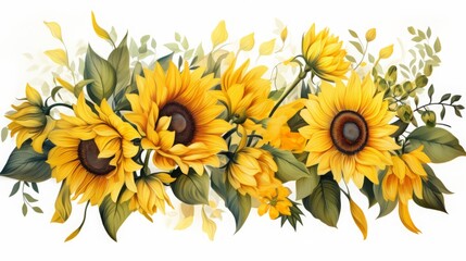 Bright, vibrant sunflowers with lush green leaves, beautifully painted in a watercolor style, capturing the essence of summer and nature.