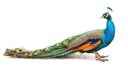 Fototapeta premium Majestic peacock standing gracefully on a white background. Ideal for various design projects