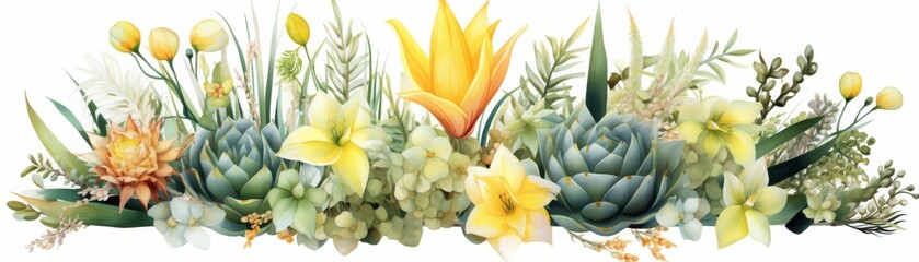 Obraz premium Vibrant botanical arrangement featuring succulents, yellow flowers, and lush greenery. Perfect for designs, invitations, and nature-themed projects.