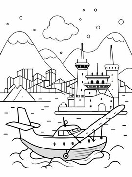 seaplane floating, city, mountains, black and white clip art preview