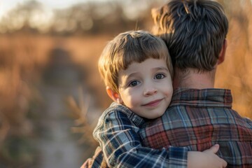 Fototapeta premium A heartwarming image of a young boy hugging his father in a beautiful field. Perfect for family-themed designs