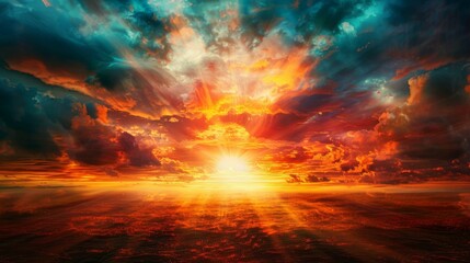 Naklejka premium Breathtaking sunset floods the sky with vivid, dramatic hues.