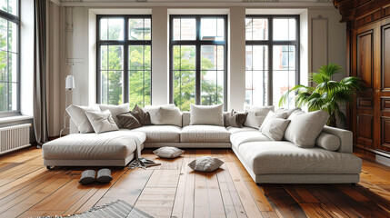 Elegant and comfortable designed living room with big corner sofa, wooden floor . Generative Ai
