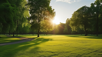 Obraz premium beautiful morning light in public park with green grass field 