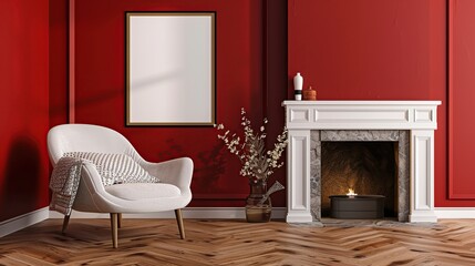 Elegant Scandinavian hygge style home living room interior. Cozy chair, fireplace. Generative Ai