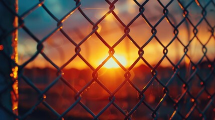 Fototapeta premium A serene sunset behind a chain link fence, perfect for illustrating concepts of boundaries and transitions