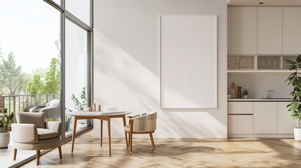Front view on bright kitchen room interior with empty white poster, panoramic window. Generative Ai