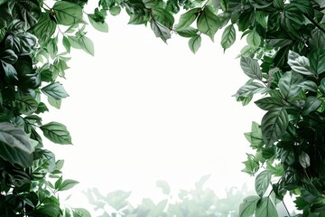 Dark green leaves surrounding a white background resembling a fairy tale forest