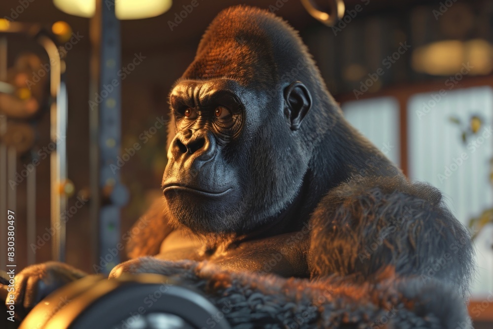 Poster a gorilla sitting on top of a table next to a clock. perfect for illustrating time management concep