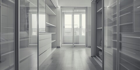 Obraz premium A view of a long hallway with multiple glass doors. Ideal for architectural and interior design concepts