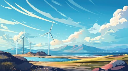 Offshore wind farm renewable energy illustration flat design side view marine theme cartoon drawing Tetradic color scheme