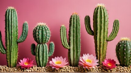 Cactus and Pink Flowers on Pink Background