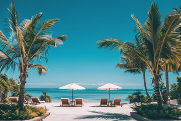 Luxurious beach resort with lounge chairs, umbrellas, palm trees, and clear blue sky