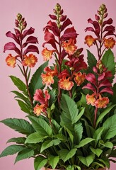 Vibrant Red and Orange Flowers with Green Leaves on Pink Background