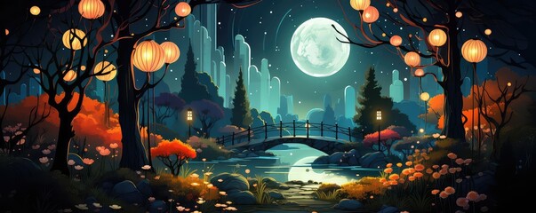 Outdoor LED garden lighting illustration flat design front view night scene theme animation vivid