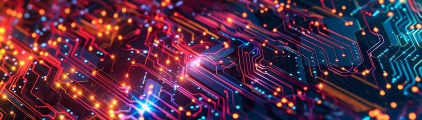 A colorful image of a circuit board with many small lights. Concept of technology and innovation, as well as a feeling of excitement