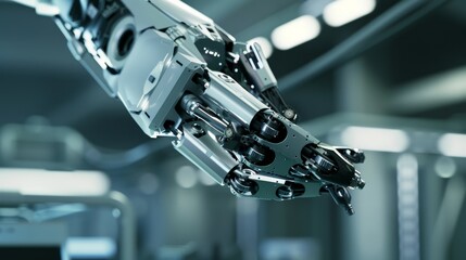 A robot arm is shown in a white room with a grey background. The robot arm is made of metal and has a metallic look to it. The robot arm is in motion