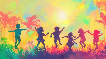 Silhouettes of children joyfully jumping and dancing against a vibrant, colorful sunset background with tropical plants.