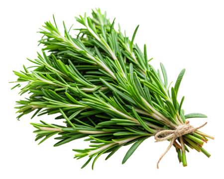 A fragrant bundle of rosemary, showcasing its needle-like leaves and sturdy stems. The deep green color and aromatic quality highlight its suitability for seasoning meats. transparent background
