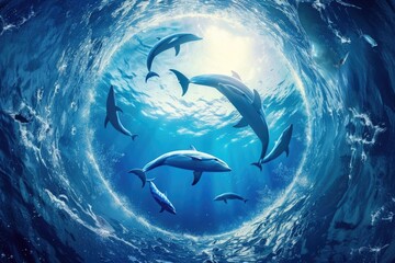 A group of dolphins swimming gracefully in the ocean. Perfect for marine life concepts