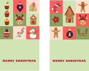 Set of cards for Christmas. Sweet muffins and gingerbread house. Gingerbread men and snowman. The muzzle of a deer and a snowman. Christmas elements. Flat style. Vector illustration