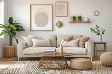 Obraz premium Modern 3d living room in neutral colors, 3d render