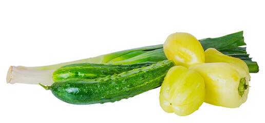 Fresh sweet peppers, cucumbers and leeks isolated
