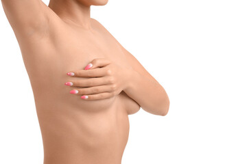 Naked young woman covering her breasts on white background, closeup