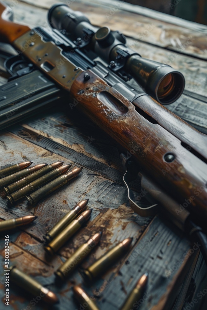 Poster a rifle and bullet shells displayed on a table, suitable for gun and ammunition concepts