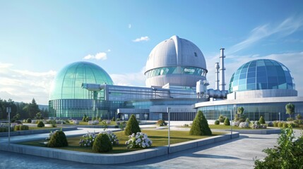 New designs of advanced nuclear reactors, like small modular reactors (SMRs) and Generation IV reactors, showcasing improved safety and efficiency, in a futuristic, clean design.