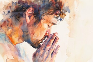 A serene watercolor painting of a man in prayer. Suitable for religious and spiritual themes