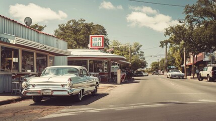 Obraz premium Nostalgic road trip adventure, capturing the spirit of exploration and freedom on the open road, with vintage cars and roadside diners, emphasizing nostalgia and Americana culture
