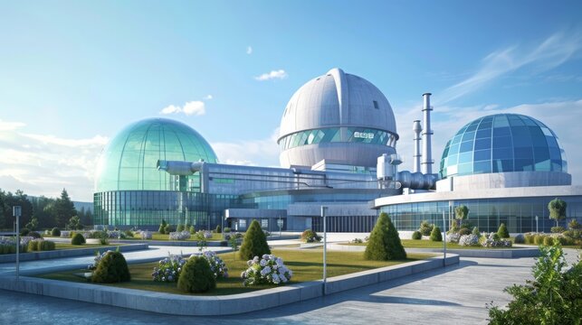 New designs of advanced nuclear reactors, like small modular reactors (SMRs) and Generation IV reactors, showcasing improved safety and efficiency, in a futuristic, clean design. 