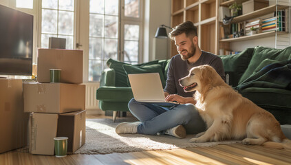 A man on the floor using a laptop with the dog sitting by his side